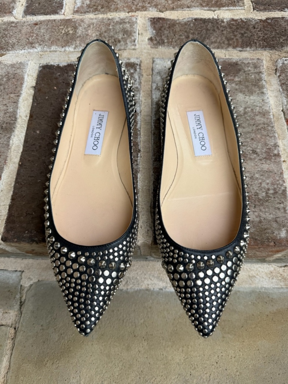 Jimmy Choo Black Leather Pointed-Toe Stud Flats